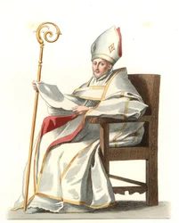 Spansk Eveque 1500-talet, baserad på en målning av Bartolome Murillo (1617-1682) - Litografi baserad på en illustration av Edmond Lechevallier-Chevignard (1825-1902), från "Costumes historiques des 16th