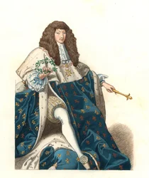 Den unge kungen Ludvig XIV av Frankrike (1638-1715), efter en målning av Musee de Blois (Frankrike) - Litografi efter en illustration av Edmond Lechevallier-Chevignard (1825-1902), från "Costumes historiques des 16th