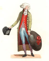 Ung fransk man i mode på 1700-talet - Litografi baserad på en illustration av Edmond Lechevallier-Chevignard (1825-1902), från "Costumes historiques des 16th"