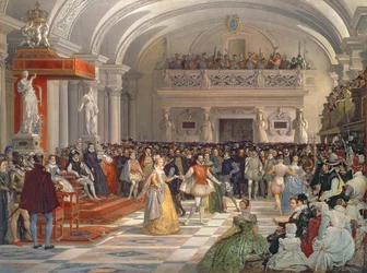 Bröllopet mellan Henri de Bourbon, kung av Navarra, och Marguerite de Valois i närvaro av Catherine de Medici och Karl IX år 1572, 1862
