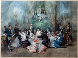 Måltidsscen. Illustration för scen 10 i akt II av "" The Reveillon"" av Henri (Henry) Meilhac (1830-1897) och Ludovic Halevy (1834-1908) på Kungliga slottet