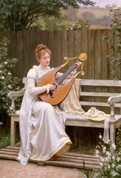 "Con Amore" Ung kvinna som spelar lyra. Målning av Edward Blair Leighton (1853-1922) 1895