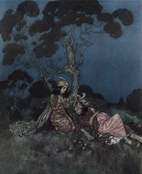 Skönheten och odjuret: skönheten skräms av odjuret som ligger nära henne, ca 1910 (litografi)