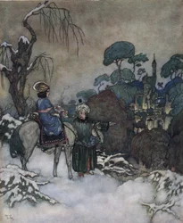 Skönheten och odjuret: Belle, som har gått med på att ta sin fars plats som fånge hos Bete för att befria honom, går mot slottet, ca 1910 (litografi)