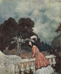 Blåskägg: Blåskäggs unga fru Fatima frågar sin syster Anne om hon ser sina bröder från tornet, ca 1910 (litografi)