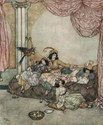 Blåskägg: Blue Beards unga fru Fatima bjuder in sina vänner till sitt hus medan hennes man är borta på en resa ca 1910 (litografi)
