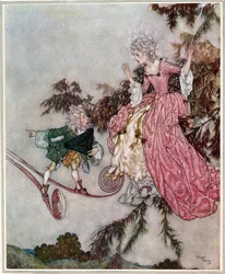Men nyheten om det kom till henne genom en liten dvärg som ägde ett par 7-ligastövlar", illustration från "Törnrosa", utgiven 1910 (färglitografi)