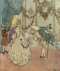 Askungen: Den unga Askungen har kommit till balen tack vare sin gudmor och möter prinsen som kysser hennes hand c.1910 (litografi)