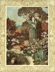 Har du, under din lilla nådatimme, den vajande cypressen i dina armar, innan modern återvänder till sina armar, och upplöser dig i en sista omfamning, illustration från "The Rubaiyat of Omar Khayyam", publicerad 1909 (färglitografi)