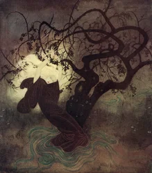 "I hennes desperata kamp föll huvan på hennes kappa tillbaka från hennes bländande gyllene hår, och omedelbart översvämmades hela platsen av ljus", illustration från den engelska sagan The Buried Moon, ur Edmund Dulacs Fairy-Book: Fairy Tales of the A