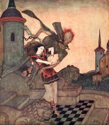 ”När prinsen såg ut fick han se honom gripa tag i prinsessan och snabbt flyga bort”, illustration till den serbiska sagan Berättelsen om Bashtchelik, ur Edmund Dulacs sagobok: Sagor från de allierade nationerna, utgiven 1916