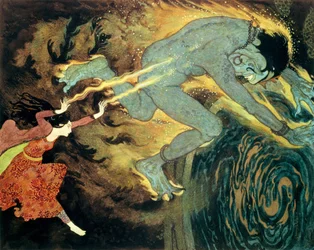 Prinsessan bränner Elfrite till döds, ur berättelsen om de tre kalendrarna i "Sinbad the Sailor and Other Stories" (färglitografi)