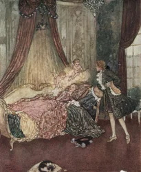 Den sovande skönheten: Prins Charming upptäcker den sovande flickan, ca 1910 (litografi)