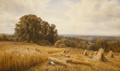 Ett vidsträckt landskap med skördare, 1873