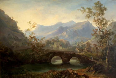 Bergigt landskap med flod, bro och stugor, 1800-talet