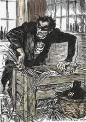 Dr jekyll söker desperat efter pulvren som gör det möjligt för honom att förnedra sin karaktär av Mr Hyde, Illustration av Edmund Joseph Sullivan (1869-1933) för romanen L