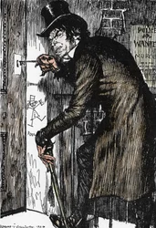 Mr Hyde återvänder hem efter en natt av äventyr för att ta motgiftet och återfå Dr Jekylls utseende, illustration av Edmund Joseph Sullivan (1869-1933) till romanen ”Dr Jekyll och Mr Hyde” av Robert Louis Stevenson (1850-1894)