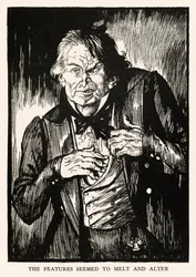 Funktionerna verkade smälta och förändras" från "Strange Case of Dr Jekyll and Mr Hyde" av Robert Louis Stevenson (1850-1894) illustrerad av E. J. Sullivan (1869-1933)