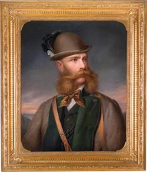 Porträtt av Francois Joseph I av Österrike (1830-1916), i jaktutrustning. Målning av Edmund Mahlknecht (1820-1903), olja på duk