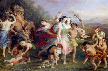 "Matinee de mai" Dans och rundgång med skogsfigurer, barn omslutna av blommor. Målning av Edmund Thomas Parris (1793-1873) 1859