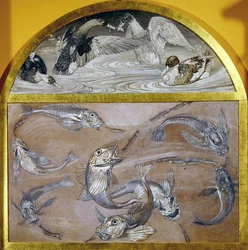 Diptyk: Fiskar och ankor i en damm (tempera på kartong)