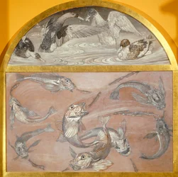 Diptyk med fiskar och ankor i dammen (tempera på kortet,)