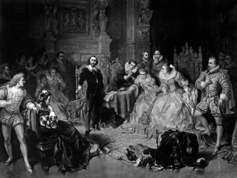 William Shakespeare (1564-1616) vid drottning Elizabeth I:s hov, graverad av Pierre Cottin, ca 1864 (mezzotint)
