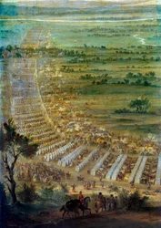 Erövring av staden Dole en Franche Comte av Ludvig XIV (1638-1715), 6/06/1674 Detalj som representerar militärlägret. Målning av John Paul (känd omkring 1675-1683). Sön 2,29x3,3 m Versailles, musee du chateau
