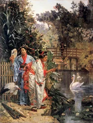 "Två japanska kvinnor i kimono tar hand om svanar och fiskar (). Målning av Edouard Castres (1838-1902) Privat samling