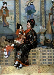 Den nya dockan. Kvinna i kimono med en porslinsdocka (eller marionett). Japan och Fjärran Österns inflytande på det europeiska impressionistiska måleriet. Målning av Edouard Castres (1838-1902)