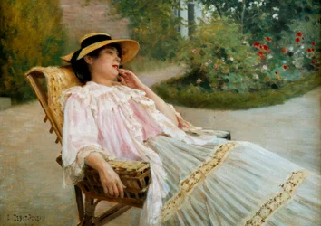 Tuppluren Madame Edouard Debat Ponson på terrassen. Målning av Edouard Debat Ponsan (1847-1913)