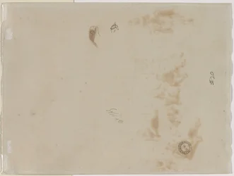 Skiss av en man med upphöjd arm och skiss av en hjälm, 1878.