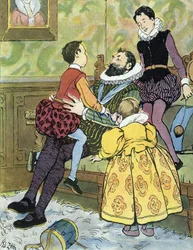 Kungen av Frankrike Henri IV leker med sina barn (1553-1610) Illustration av Edouard Zier i "Nos-Gloriers-Nationales"" 1920 Collection privee