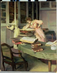 Eleganta kvinnor i ett bibliotek