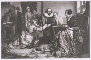 Shakespeare med sin familj, i Stratford, reciting the Tragedy Hamlet (stippgravyr och etsning)