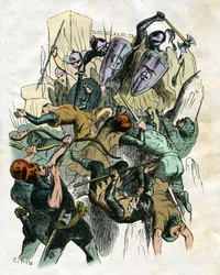 Illustration av Edouard Frere (1797-1874) och Theodore Lix (1830-1897) till "" Ivanhoe "" av Walter Scott (1771-1832), skotsk författare: Stridsscen, belägringen av slottet.