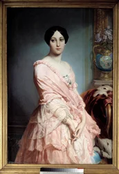 Porträtt av Madame F. Målning av Édouard Dubufe (1820-1883). 1800-talet. Mått 1,3 x 0,89 m. Paris, Musée d