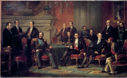 Pariskongressen sammanträdde från 25 februari till 30 mars 1856 vid Krimkrigets slut, under Napoleon III, med de europeiska staternas utrikesministrar. Målning av Édouard Louis Dubufe (1820-1883). 1856. 3,08 x 5,10 m