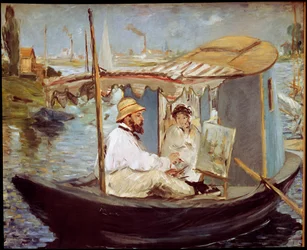 Claude Monet målar i sin studiobåt