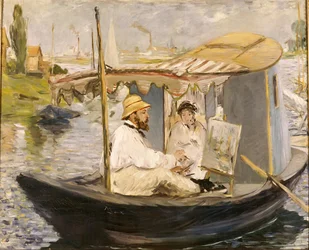 Claude Monet målar i sin ateljébåt