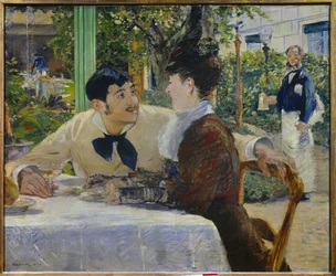 Fader Lathuilles. Utomhus Ett par som dricker ett glas champagne på terrassen på en utomhusrestaurang nära Place de Clichy i Paris (Montmartre). Målning av Edouard Manet (1832-1883) 1879 Tournai. Museum of Fine Arts