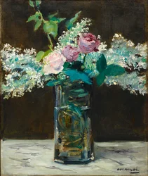 Franska: Vase avec lilas blancs et rosés Vase med vita syrener och rosor