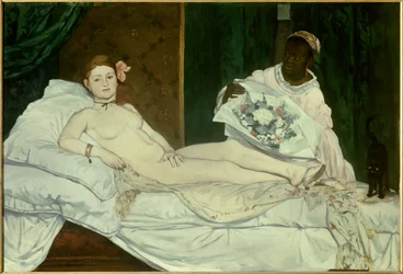 Olympia. Ung naken kvinna på en säng med sin svarta tjänarinna som kommer med en blombukett. Målning av Édouard Manet (1832-1883), 1863. H. 1,3 x 1,9 m, Paris, Musée d