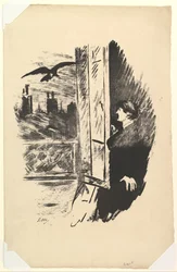 Öppna Here I Fung the Shutter. Illustration till The Raven av Edgar Allan Poe, 1875.