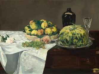 Stilleben med melon och persikor, ca. 1866.