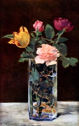 Stilleben med rosor och tulpaner i en drakvas, 1882 1931.