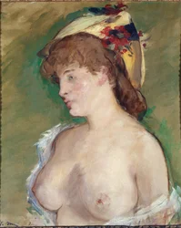 Blondinen med topless - olja på duk