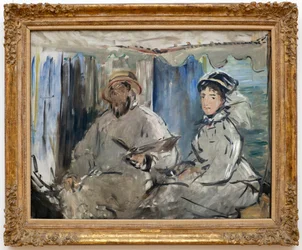 Målaren Claude Monet (1840-1926) i sin ateljé. (Vid hans sida, hans fru Camille, i sin verkstadsbåt). Målning av Edouard Manet (1832-1883), Olja på duk