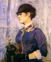 Ung kvinna med blå blus och liten svart hatt, 1877