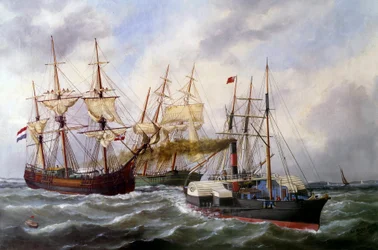 Två trailers med tre mattor av Le Neptune au Havre 1882 Målning av Edouard Adam (1847-1929) 1882 Paris, Musee de la Marine